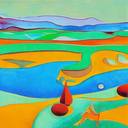 Image similar to A beautiful sculpture of a landscape. It is a stylized and colorful view of an idyllic, dreamlike world with rolling hills, peaceful looking animals, and a flowing river. The scene looks like it could be from another planet, or perhaps a fairy tale. Navajo red by Milton Avery spirited