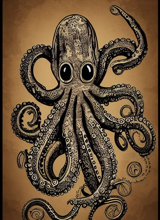 Image similar to steampunk octopus, hand drawn illustration, antique style poster, highly detailed vector art