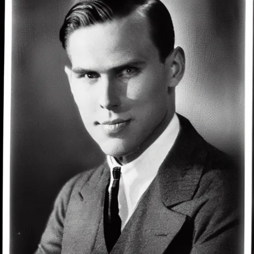 Image similar to A photograph portrait of Jerma985 wearing a suit with short slicked hair in the early 1930s, taken in the early 1930s, grainy, taken on a early 1930s Kodak Camera, realistic, hyperrealistic, very realistic, highly detailed, very detailed, extremely detailed, detailed, digital art, trending on artstation