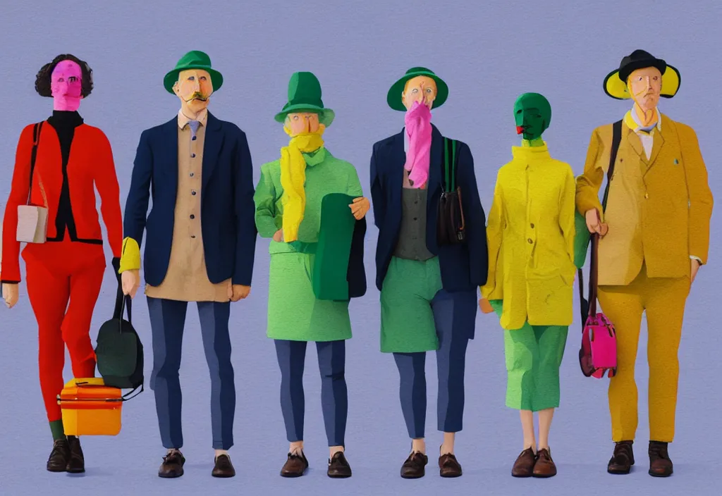 Prompt: full body portrait of a trio of european tourists autumn travel apparel, various poses walking and carrying luggage, character designs painting, in the style of wes anderson, rene magritte, lola dupre, david hockney, isolated on white background, dark monochrome neon spraypaint accents volumetric octane render