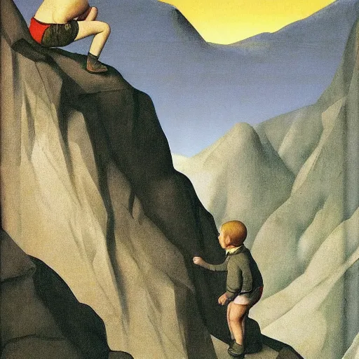 Prompt: a boy's first memory of mountain climbing by Raphael, Hopper, and Rene Magritte. detailed, romantic, enchanting, trending on artstation.