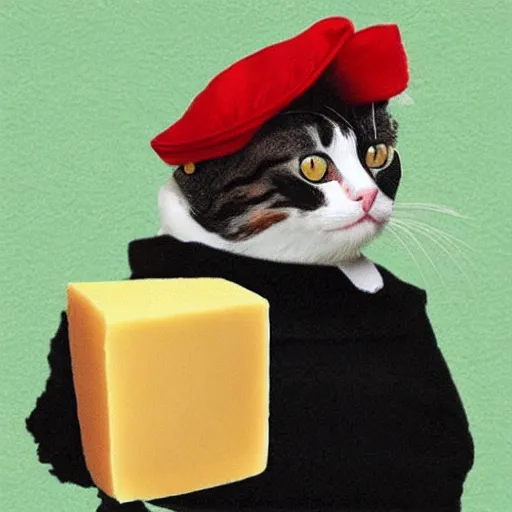 Prompt: cat dressed like napoleon holding a block of cheese