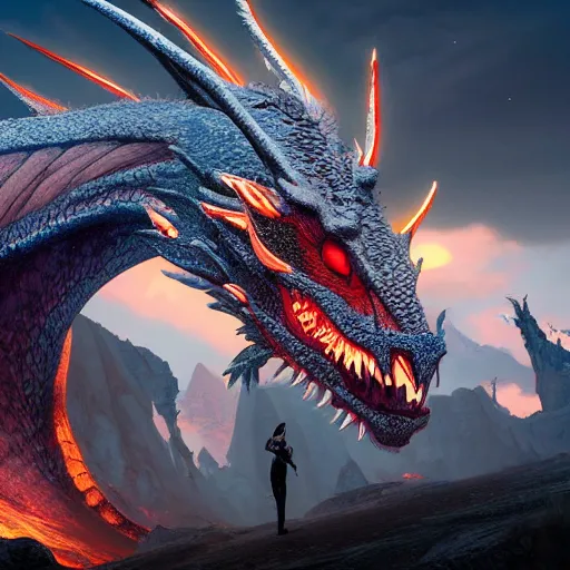 Prompt: a beautiful painting of giant dragon, 4 k detailed, cinematic lighting, highly detailed, hyperrealistic, unreal engine