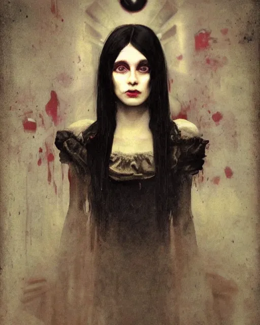 Prompt: a beautiful and eerie baroque painting of a beautiful but creepy girl in layers of fear, with haunted eyes and dark hair piled on her head, 1 9 7 0 s, seventies, wallpaper, a little blood, morning light showing injuries, delicate embellishments, painterly, offset printing technique, by brom, robert henri, walter popp