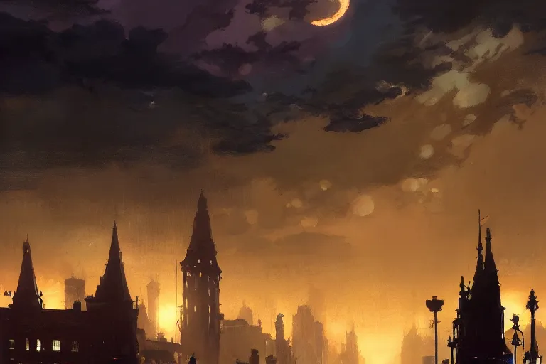 Image similar to a monster silhouette in the sky. a victorian city, scene in a rainy night. full moon, 1 8 9 0, key visual, conceptart, ambient lighting, highly detailed, digital painting, artstation, concept art, sharp focus, by makoto shinkai and akihiko yoshida and greg manchess