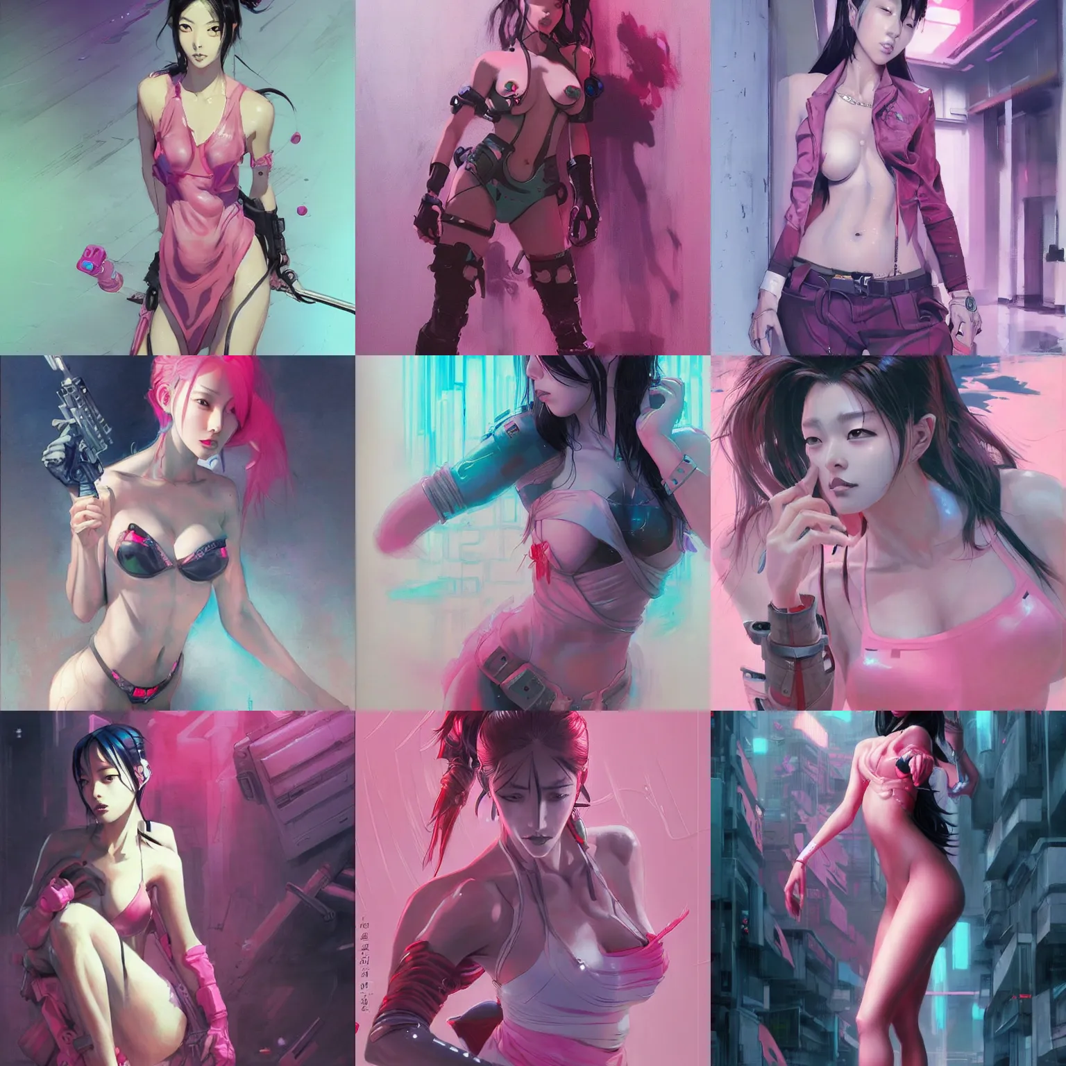 Prompt: lee jin - eun emerging from pink water in cyberpunk theme by jesper ejsing,, rule of thirds, seductive look, beautiful