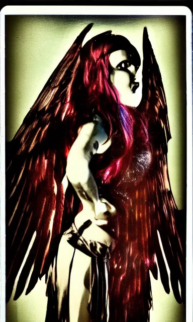 Image similar to crystal wings, waporwave polaroid, a greg rutkowsi photograph, devianart photoshoot, metal acid deep colors, fallen angel of death, love broken