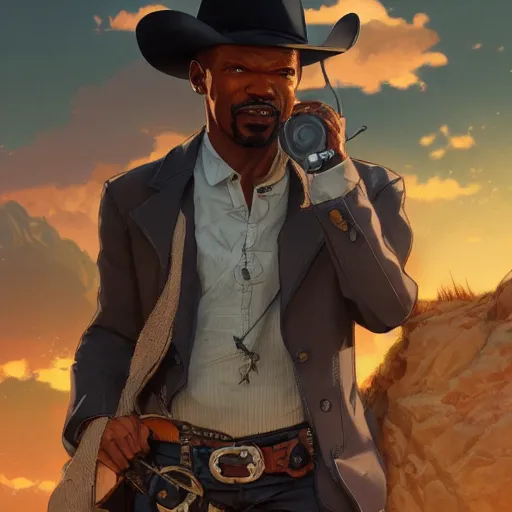 Image similar to old jamie foxx as a cowboy, single subject, scenic full shot, ambient lighting, detailed face, by makoto shinkai, stanley artgerm lau, wlop, rossdraws