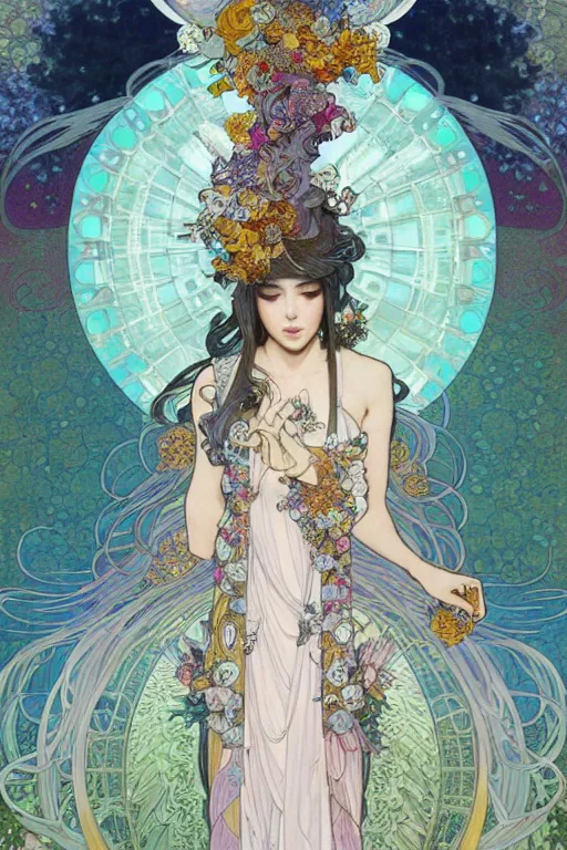 Prompt: fullbody artwork of a goddess of dreams, wearing a long flowery dress, intricate, prism, flowey, wispy, wide hips, attractive character, black lipstick, intangible, dreamy, Character concept by yoshitaka amano, WLOP, baroque, alphonse mucha, Akihiko Yoshida, Hyung-tae Kim, alexander mcqueen, trending on Artstation