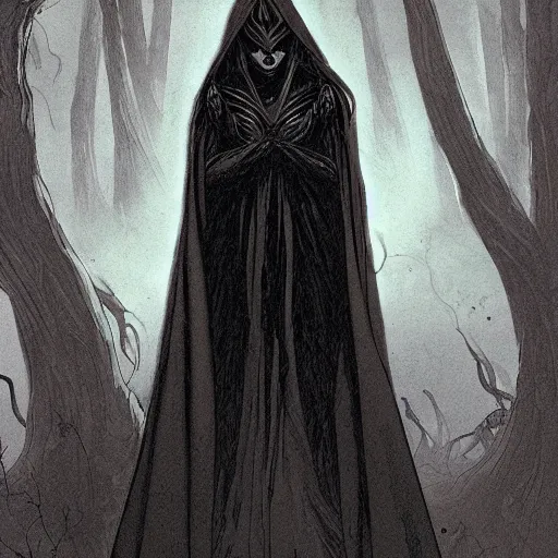 Image similar to a beautiful comic book illustration of the goddess of death wearing a black hoodie, standing in a swamp with fog by Jerome Opeña, featured on artstation