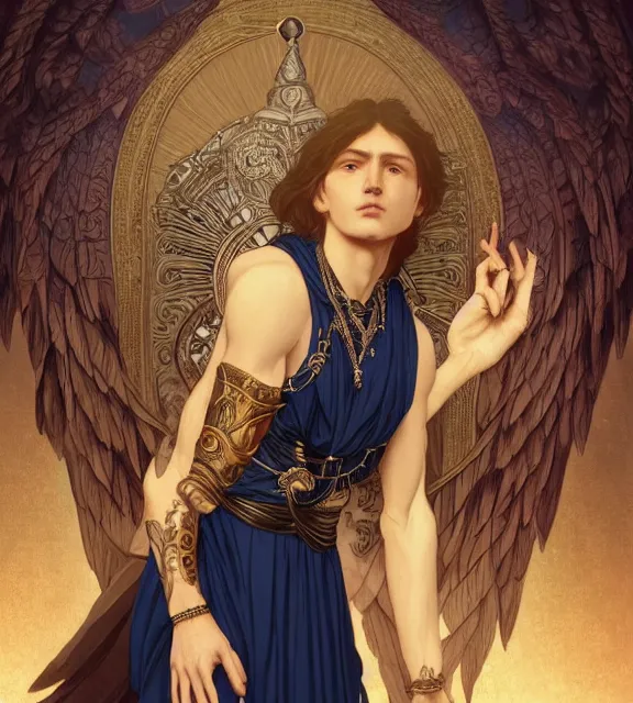 Image similar to god of death, young man, in the underworld, elegant dark blue dress, very detailed, throne, very intricate details, jewelry, gold line tattoos, elaborate long hairstyle, wings, cinematic, artstation, william bouguereau, alphonse mucha, greg rutkowski, rossdraws, octane render