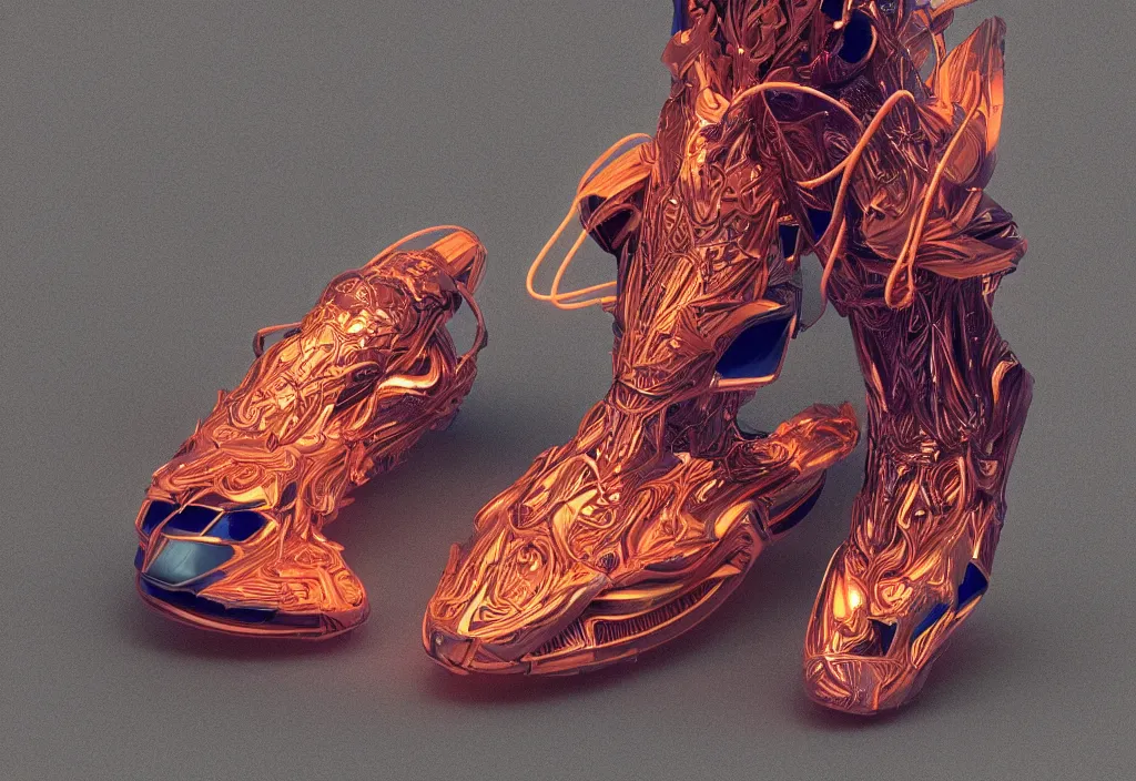 Image similar to futuristic sneaker with neon illuminated rubber soles and soft orange laces on a grey surface, clean 3 d render, beautiful studio lighting, soft, sharp focus, cyberpunk, intricate detail, gold and red filigree, soft rubber, octane render, trending on artstation, deviantart, art by iris van herpen and syd mead and mucha