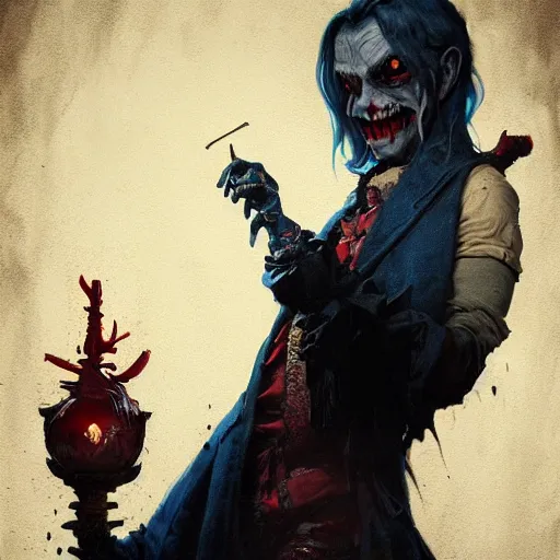 Image similar to full body portrait of villainous jester, dark, twisted, twisted. horror. highly detailed, cinematic lighting, digital art painting by greg rutkowski, trending on artstation