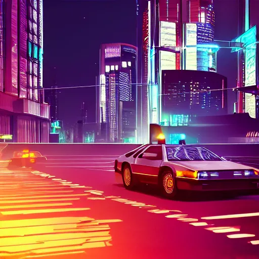 Prompt: delorean in the middle of the street in a cyberpunk city with skyscrapers, artstation award winner, digital art, volumetric lighting, neon colors, octane render