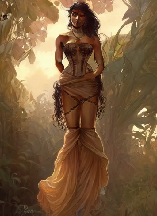 Image similar to cute brown woman wearing a transparent corset dress, fantasy, intricate, highly detailed, digital painting, artstation, concept art, wallpaper, smooth, sharp focus, illustration, art by artgerm and greg rutkowski and alphonse mucha