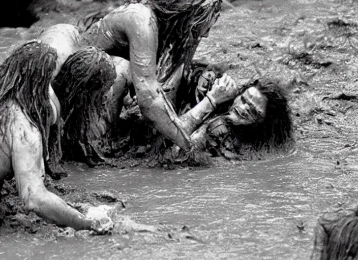 Prompt: cavewomen mud wrestling a neanderthal woman, movie still, from the movie quest for fire, 8 k, realistic