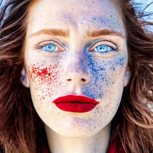 Image similar to close up photo of the left side of the face of a woman with blue eyes and wavy long red-brown hair, red detailed lips and freckles who looks directly at the camera. Slightly open mouth. Whole head visible and covers half of the frame, with a park visible in the background. 135mm nikon. Intricate. Very detailed 8k. Sharp. Cinematic post-processing. Unreal engine. Nanite. Ray tracing. Parallax. Tessellation