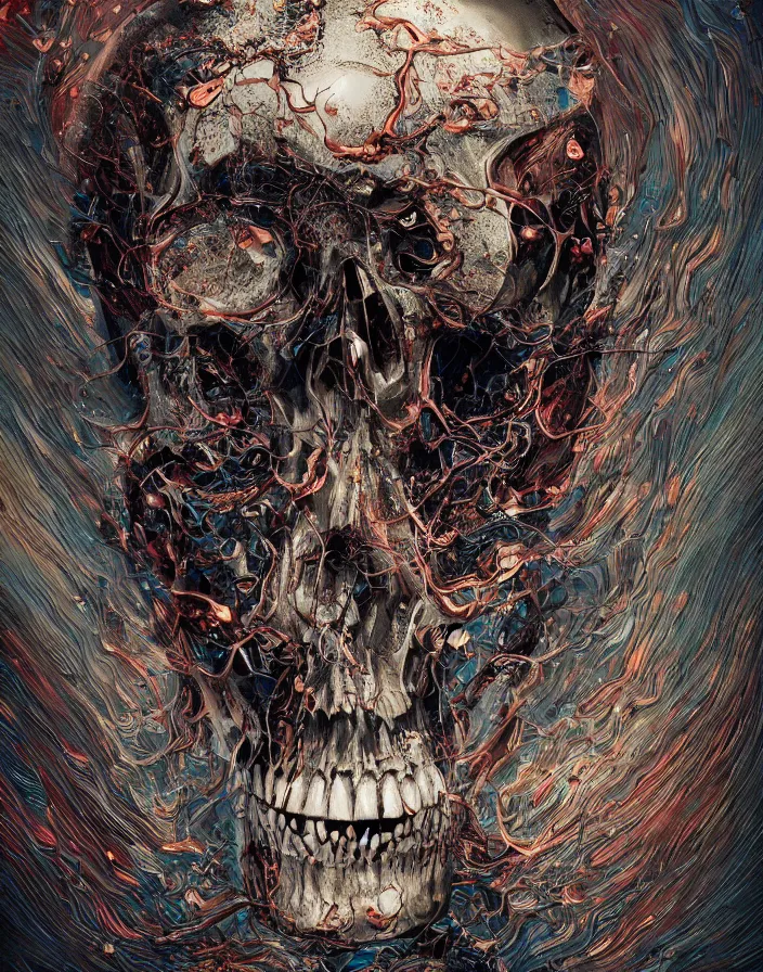 Image similar to portrait of a melting skull. intricate abstract. intricate artwork. by Tooth Wu, wlop, beeple, dan mumford. octane render, trending on artstation, greg rutkowski very coherent symmetrical artwork. cinematic, hyper realism, high detail, octane render, 8k, depth of field, bokeh. psychedelic accents