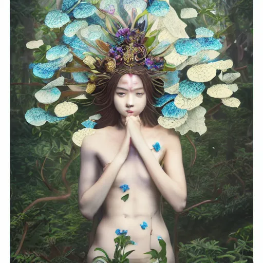 Image similar to goddess of greek mythology portrait, amalgamation of leaves and flowers, orthodox saint, beautiful raking sunlight, nemophila flowers. intricate artwork by Tooth Wu, James jean, Miho Hirano, Hayao Miyazaki. octane render, trending on artstation, greg rutkowski. cinematic, hyper realism, high detail, octane render, 8k