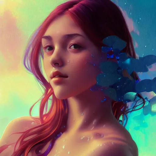 Prompt: A Stunning portrait of sexy teen girl in a wet t-shirt, art by Artgerm and Ross Tran and Alphonse mucha, vivid color palette, digital painting, 3D, octane render, highly detailed, particles, light effect, volumetric lighting, digital painting, artstation, concept art, smooth, sharp focus