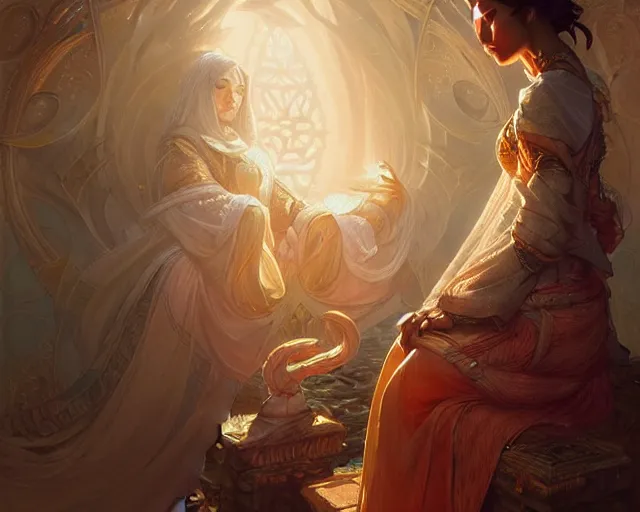 Image similar to women worshiping god, deep focus, d & d, fantasy, intricate, elegant, highly detailed, digital painting, artstation, concept art, matte, sharp focus, illustration, hearthstone, art by artgerm and greg rutkowski and alphonse mucha