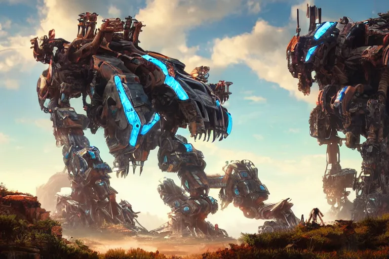 Image similar to thunderjaw machine mecha animal beast robot of horizon forbidden west horizon zero dawn bioluminiscence global illumination ray tracing hdr fanart arstation by sung choi and eric pfeiffer and gabriel garza and casper konefal