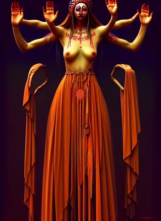 Image similar to full body portrait of marzanna slavic goddess with six arms in slavic clothes : concept art zdzisław beksinski, full body!! contour light effect!! hd, 4 k, ultra clear detailed : dark color gamma