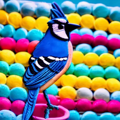 Image similar to A photograph of a (photorealistic blue jay) standing on a large basket of rainbow macarons.