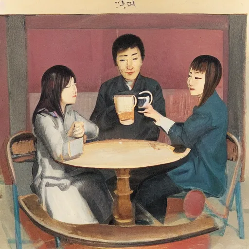 Image similar to a group of 4 people drinking coffee : korean girl, osetin girl, vyacheslav, ilya