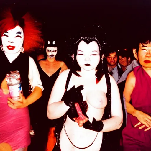 Prompt: Street photography, Bjork, a close up of several people leaving a seedy nightclub at 5am, they are smoking, someone is screaming, Kabuki makeup, Kodachrome