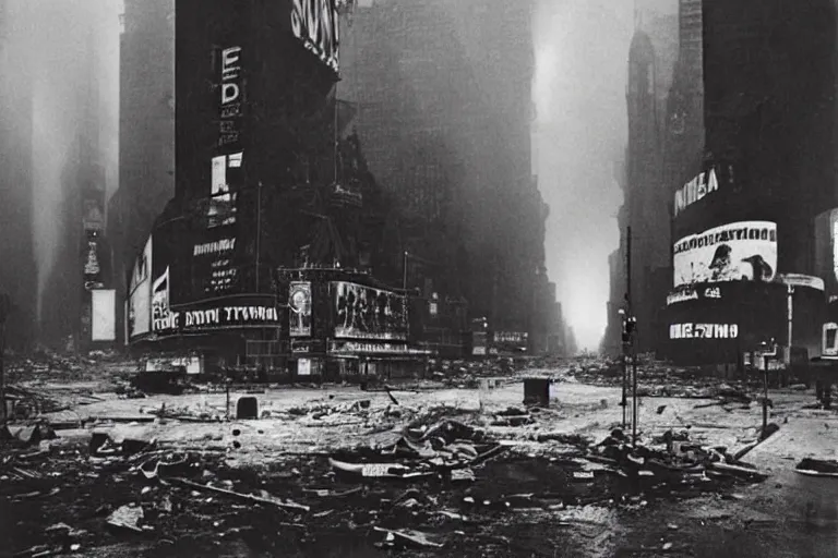 Image similar to dark photo of an destroyed times square after a nuclear attack, thunderstorm, pictorialism, desolate