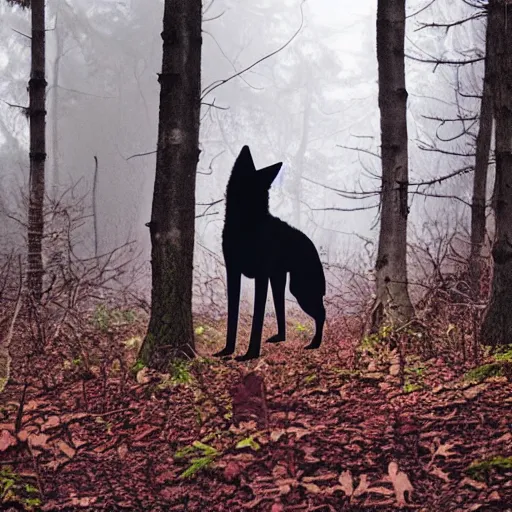 Prompt: a menacing black tall wolf with red eyes stalking through the forest, creepy, menacing, 8k, eerie, ethereal, high detail