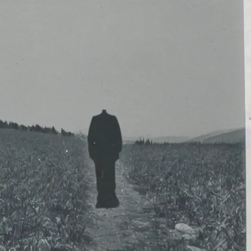 Image similar to old photo of a creepy landscape, scary figure in the distance