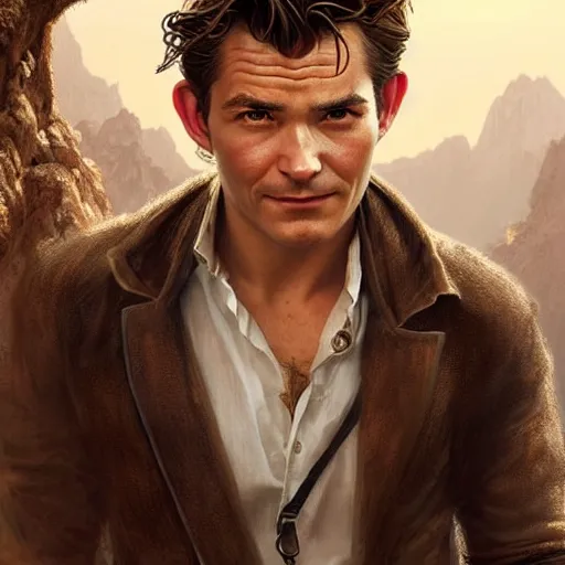 Prompt: A combination of Tom Holland's and Orlando Bloom's and Chris Pine's faces as Nathan Drake, western, D&D, fantasy, intricate, elegant, highly detailed, digital painting, artstation, concept art, matte, sharp focus, illustration, art by Artgerm and Greg Rutkowski and Alphonse Mucha