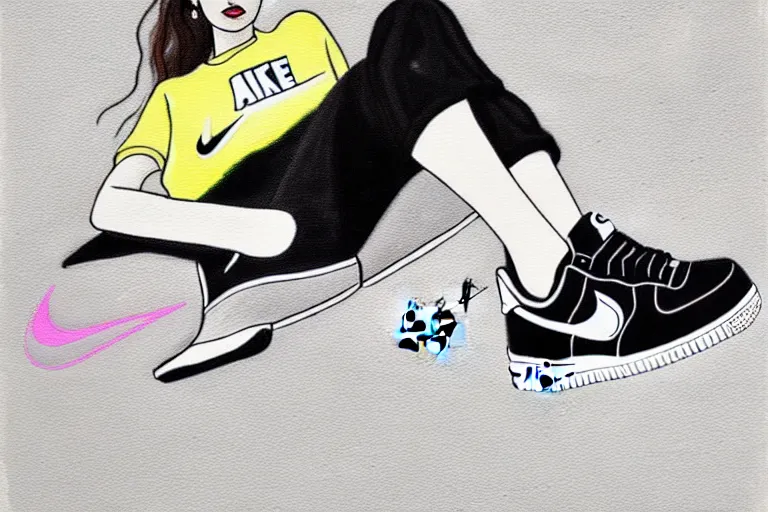 Prompt: a ultradetailed painting of a stylish woman laying on the ground, she is wearing nike air force 1 sneakers, trending on artstation