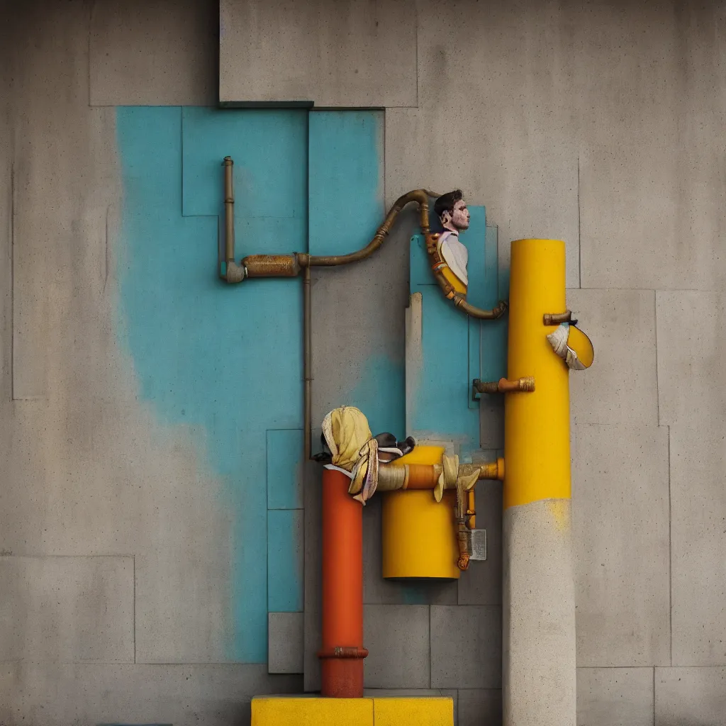 Image similar to kodak portra 4 0 0, 8 k, shot of a highly detailed, britt marling style, colour still - life portrait of a large pipe organ, rough concrete walls, a single rough carved wooden teal and orange striped coloured statue is standing on a concrete podest with a yellow crown on his head, muted colours