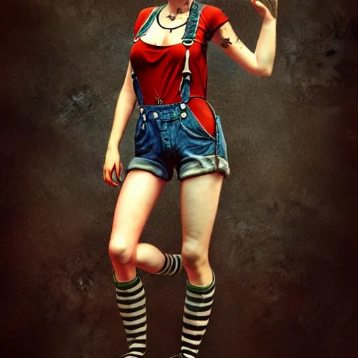 Image similar to full body pose, grungy alice, torn overalls, short shorts, combat boots, fishnets, beautiful, highly detailed face, true anatomy!, extremely detailed!, digital painting, unreal engine 5, art by tom bagshaw