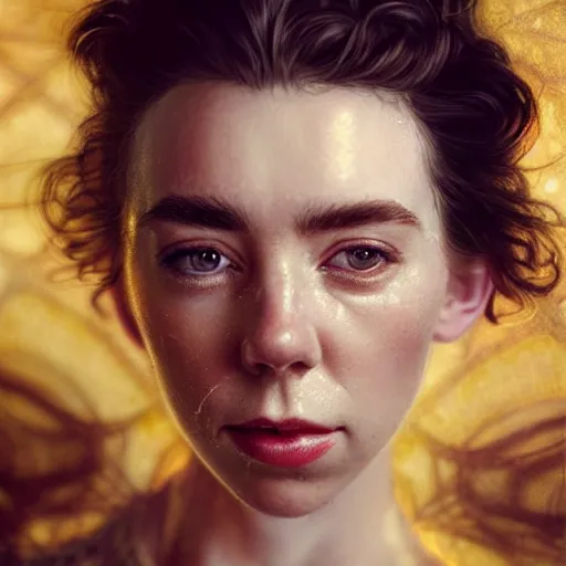 Image similar to stunning photo of vanessa kirby, dark - haired goddess with tears running down her face,, a beautiful closeup, wet lips, perfect eyes, insanely detailed, elegant, by mucha, wlop, rutkowski, livia prima