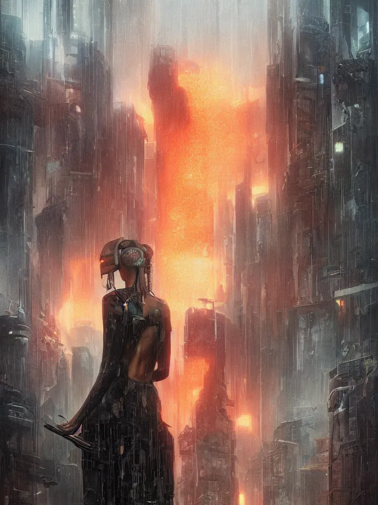 Prompt: a hyperrealistic cyberpunk portrait of a gorgeous woman in the movie Bladerunner 2046, with dead trees and orange pollution, award-winning, masterpiece, in the style of Tom Bagshaw, Cedric Peyravernay, Peter Mohrbacher