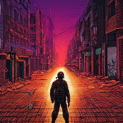 Image similar to a lone soldier stands on illuminated grid in a ruined city street by dan mumford