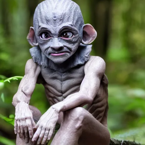 Image similar to Small humanoid creature. Grey skin. Black eyes. Loincloth. Sitting in the forest. Detailed face.