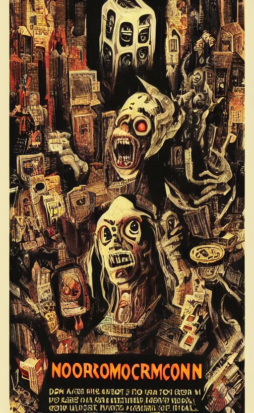 Image similar to cursed with necronomicon horrorcore cel animation poster depicting i don't know, intricate faces, metropolis, 1 9 5 0 s movie poster, post - processing, vector art