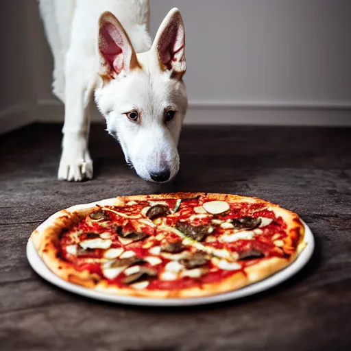 Prompt: detailed photo of a white german shepherd eating pizza, various posed, full body, studio light, 8 k, photorealism, intricate detail, diffuse lighting