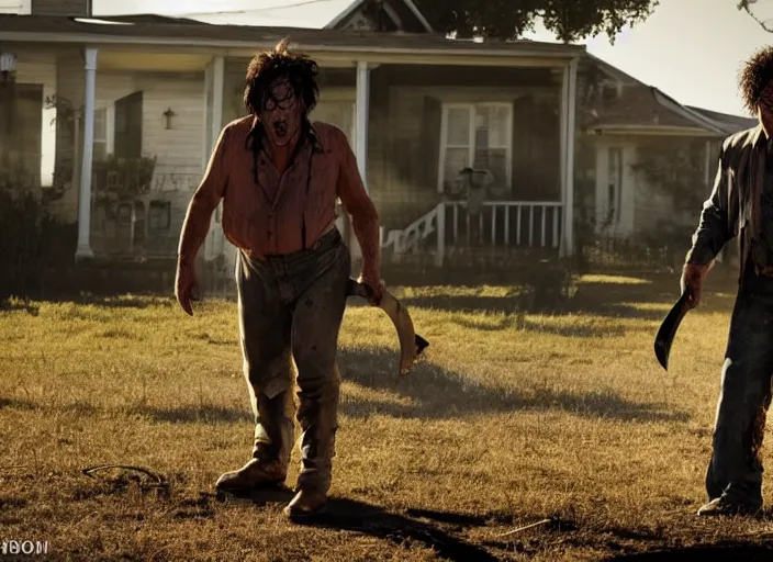 Prompt: tony khan as leatherface, movie still, from the new texas chainsaw massacre movie, 8 k, realistic