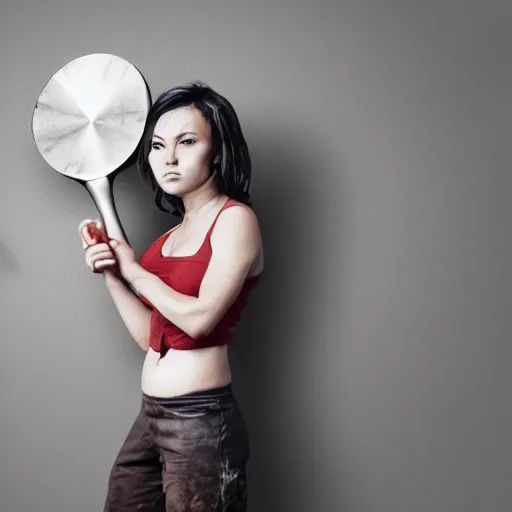 Image similar to a woman warrior holding a frying pan. high definition. hyper realistic. digital art