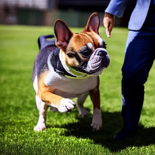 Prompt: a photo of french bulldog highfiving a shiba inu wearing a business suit, photorealistic, nikon d 7 8 0, high definition, sharp focus, bokeh, smooth, highly detailed, espn sports photography