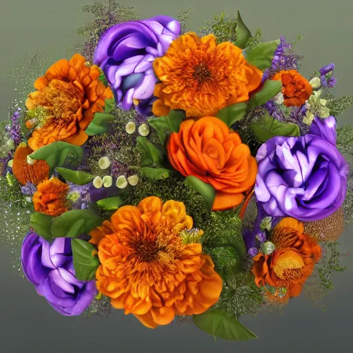 Prompt: a beautiful stunning fantasy matte digital painting of a bouquet made of orange roses and orange chrysanthemums and purple poppies and green eucalyptus and green flora, a photograph painted in the style of Bridal Magazine, professional floral arrangement, professional lighting, trending on artstation hq, contest winner