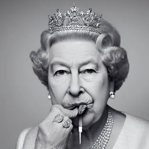 Image similar to portrait of the queen of england with a lit cigarette in her mouth while squinting, portrait, medium shot, gentle studio lighting, professional, tasteful