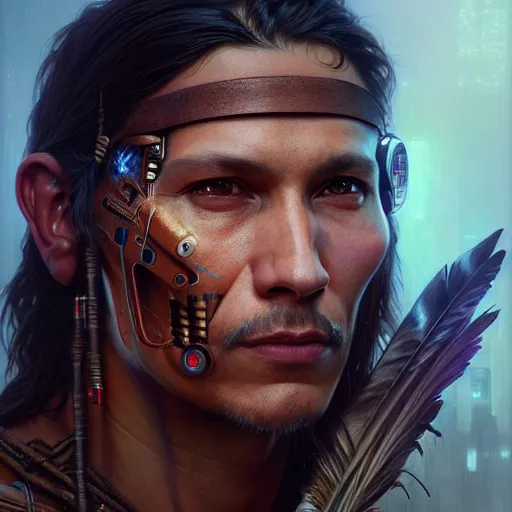 Prompt: portrait painting of a cyberpunk decker native american man, ultra realistic, concept art, intricate details, eerie, highly detailed, photorealistic, octane render, 8 k, unreal engine. art by artgerm and greg rutkowski and charlie bowater and magali villeneuve and alphonse mucha