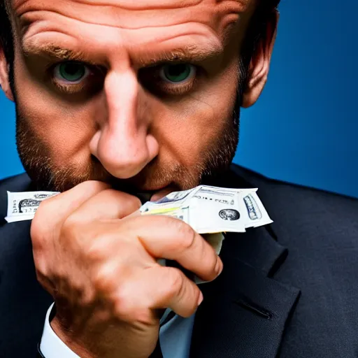 Image similar to closeup portrait of emmanuel macron stealing money from the european parliament, natural light, sharp, detailed face, magazine, press, photo, steve mccurry, david lazar, canon, nikon, focus